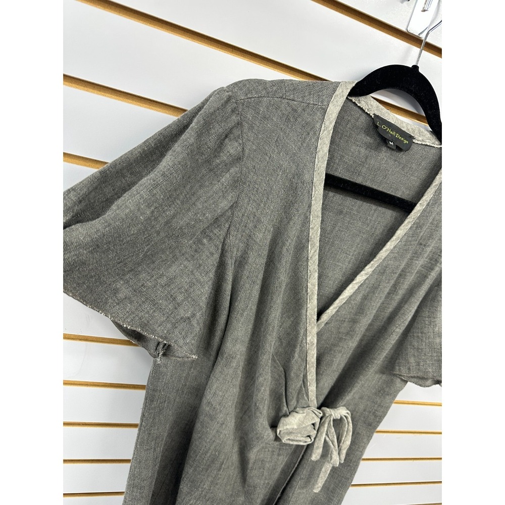 L. O'Neill Design Womens Medium Linen Short Sleeve Wrap Dress Gray Rosette - Picture 2 of 4